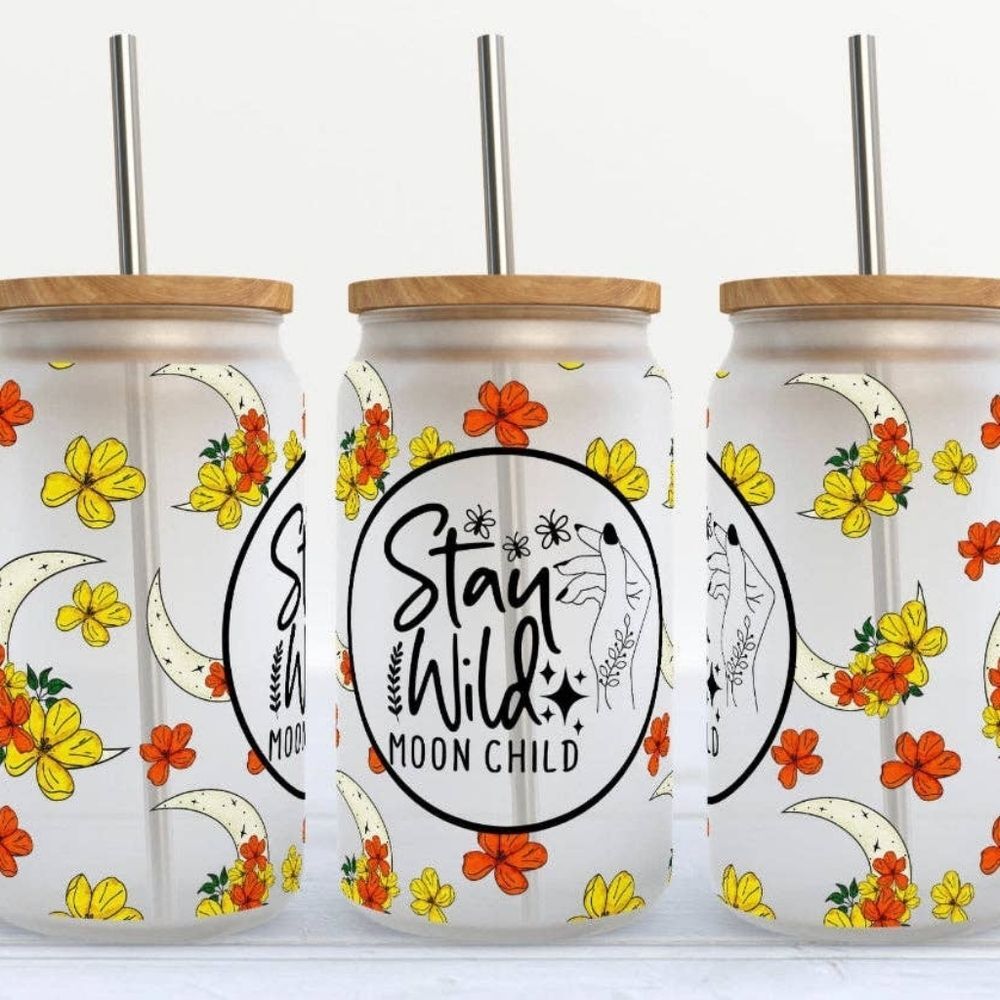 STAY WILD MOON CHILD BEER CAN GLASS W/LID